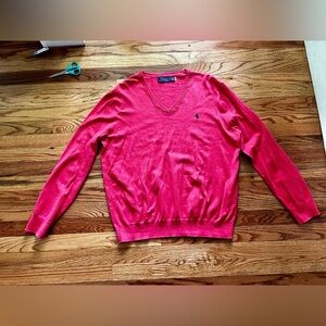 Polo Ralph Lauren Cotton V Neck Red/Orange Sweater, Size Large